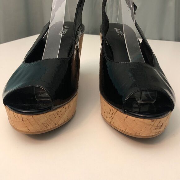 VANELi Sandals Womens 8M Black Patent Peep Toe Slingback Cork Wedge 3.5 inch - Picture 4 of 8